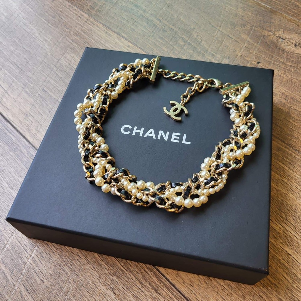 Chanel Choker Necklace OS Gold Black Pearl Braided CC Logo Multi-Strand - Picture 10 of 10